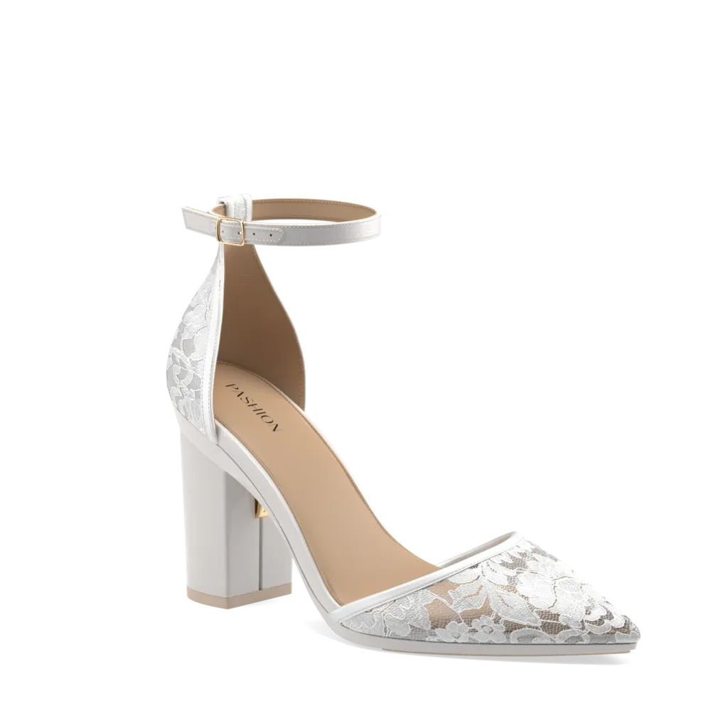 The D'Orsay - White Satin Lace   Block Heel Kit 4 White
