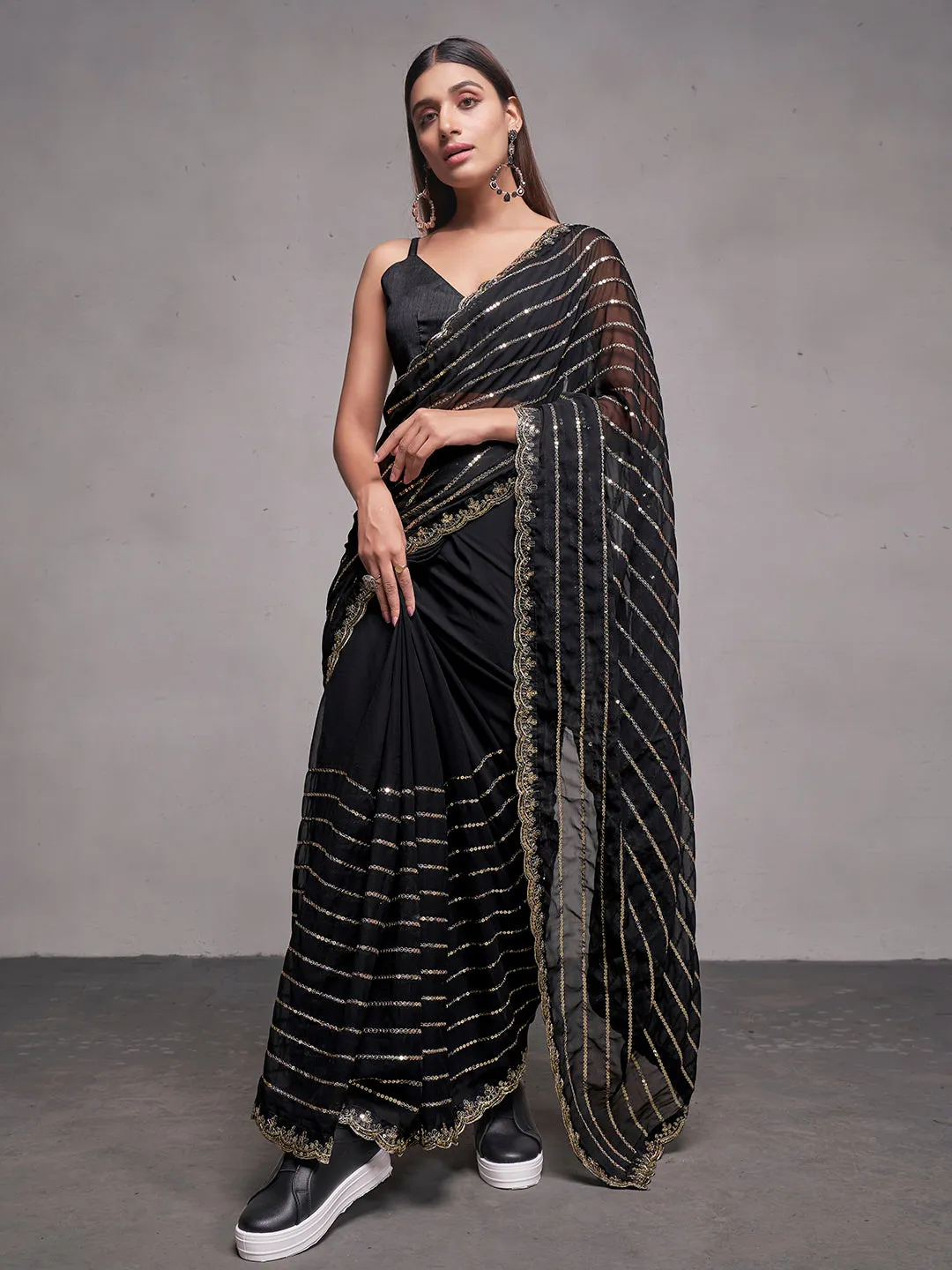 Women Party Wear Mirror Worked Saree with Designer Un Stitched Blouse
